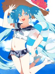 Rule 34 | 1girl, :d, alternate costume, bare shoulders, blue eyes, blue hair, blue ribbon, blue sky, cloud, cloudy sky, day, enma614 (patidonn), flower, hand up, hat, hatsune miku, hibiscus, highres, jumping, lifebuoy, looking away, navel, open mouth, outdoors, red flower, ribbon, sailor collar, salute, sandals, shirt, shirt rolled up, skirt, sky, smile, solo, straw hat, swim ring, swimsuit, swimsuit under clothes, twintails, vocaloid, white shirt
