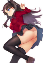 Rule 34 | 1girl, ass, bad id, bad pixiv id, black bow, black hair, black skirt, black thighhighs, blue eyes, blush, bow, breasts, brown footwear, colored skin, fate/stay night, fate (series), from below, hair bow, ikuchan kaoru, leg up, loafers, long hair, long sleeves, looking at viewer, looking down, medium breasts, miniskirt, multicolored skin, no panties, parted bangs, pleated skirt, red sweater, shoes, simple background, skindentation, skirt, solo, standing, standing on one leg, steaming body, sweater, thighhighs, tohsaka rin, two side up, upskirt, very long hair, white background
