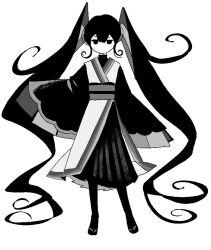 Rule 34 | 1girl, commentary request, full body, greyscale, hatsune miku, japanese clothes, jitome, kimono, long hair, long sleeves, looking at viewer, machigami yoh, monochrome, no mouth, no nose, obi, pantyhose, pleated skirt, sandals, sash, simple background, skirt, sleeveless, sleeveless kimono, sleeves past fingers, sleeves past wrists, solo, standing, straight-on, twintails, very long hair, vocaloid, white background, wide sleeves, zouri