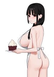 Rule 34 | 1girl, :3, absurdres, apron, ass, black hair, breasts, cake, closed mouth, commentary request, fffukuzawa, food, from behind, highres, holding, holding plate, large breasts, long hair, naked apron, original, plate, red eyes, simple background, solo, standing, whipped cream, white apron, white background