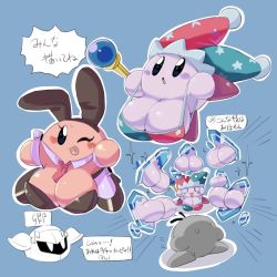 Rule 34 | animal ears, blush stickers, breasts, colored skin, eyelashes, eyeliner, fake animal ears, hat, heels, highres, japanese text, jester, jester cap, kirby, kirby (series), large breasts, leotard, makeup, meta knight, necktie, nintendo, one eye closed, outline, pink skin, playboy bunny, sakana888888888, simple background, staff, tongue, tongue out, waddle doo, white outline, wink, wrist cuffs