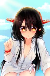 Rule 34 | 10s, 1girl, black hair, blue sky, breasts, cleavage, cloud, cloudy sky, collarbone, commentary request, day, hair ornament, hairband, hairclip, haruna (kancolle), highres, hood, hooded jacket, hoodie, jacket, kantai collection, long hair, looking at viewer, orange eyes, parted lips, sky, small breasts, solo, tsukui kachou, aged down