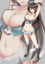 Rule 34 | 1girl, areola slip, black gloves, black legwear, breasts, brown hair, choukai (kancolle), cleavage, commentary request, glasses, gloves, grey background, hair ornament, hat, headgear, kantai collection, large breasts, long hair, midriff, mini hat, miniskirt, moke ro, multiple views, navel, one-hour drawing challenge, pleated skirt, red eyes, rimless eyewear, rudder footwear, skirt, solo