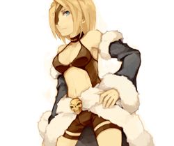 Rule 34 | 1girl, black shirt, black shorts, blonde hair, blue cape, blue eyes, blue sleeves, breasts, cape, choker, closed mouth, commentary request, cowboy shot, detached sleeves, endo mame, eyepatch, fur-trimmed cape, fur-trimmed sleeves, fur trim, hand on own hip, looking at viewer, medium breasts, navel, ragnarok online, revealing clothes, shirt, short shorts, shorts, simple background, skull, solo, stalker (ragnarok online), waist cape, white background