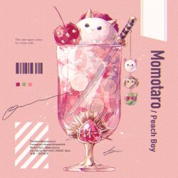 Rule 34 | :&gt;, animal charm, barcode, black eyes, cherry, closed mouth, color guide, commentary request, copyright name, english text, food, food focus, fruit, glass, gold horns, highres, horns, ice cream, ice cream float, instagram username, katana, momotarou, no humans, oni horns, original, red background, signature, smile, soda, solid circle eyes, spikes, spin mayumura, sword, twitter username, v-shaped eyes, weapon, weibo username