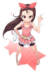 Rule 34 | 1girl, bad id, bad pixiv id, bare shoulders, belt, bike shorts, bow, brown hair, rabbit, forehead, hair bow, highres, idolmaster, idolmaster (classic), jewelry, long hair, minase iori, pointing, pointing up, red eyes, ring, sandals, shachi kamaboko, smile, solo, star (symbol), stuffed animal, stuffed rabbit, stuffed toy
