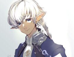 Rule 34 | 1boy, alphinaud leveilleur, blue eyes, blue jacket, blurry, closed mouth, collared shirt, colored eyelashes, depth of field, earrings, final fantasy, final fantasy xiv, gradient background, haisen, happy, highres, jacket, jewelry, long hair, looking at viewer, male focus, pointy ears, ponytail, portrait, shirt, sidelocks, simple background, single earring, sketch, smile, solo, split mouth, white background, white hair, white shirt