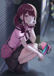 Rule 34 | 1girl, bag, closed mouth, crying, crying with eyes open, frown, glowstick, hand fan, hand on own chin, handbag, highres, jirai kei, long hair, looking at viewer, original, outdoors, red hair, shirt, short sleeves, skirt, solo, squatting, tears, temakizushi (temakizushisand), twintails, yellow eyes