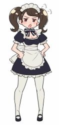 Rule 34 | 1girl, puff of air, apron, black dress, black footwear, blush, bow, bowtie, breasts, brown eyes, brown hair, cleavage, do m kaeru, dress, frilled apron, frilled dress, frills, full body, hands on own hips, kawakami sadayo, maid, maid headdress, mary janes, open mouth, pantyhose, persona, persona 5, puffy short sleeves, puffy sleeves, shoes, short sleeves, simple background, solo, standing, twintails, twitter username, waist apron, white apron, white background, white pantyhose
