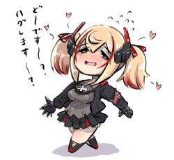 Rule 34 | 1girl, :d, armband, azur lane, black footwear, black jacket, black skirt, blonde hair, blush, boots, breasts, chibi, collared shirt, commentary request, cross, flying sweatdrops, full body, grey eyes, grey shirt, hair between eyes, headgear, heart, iron cross, jacket, long sleeves, looking at viewer, medium breasts, multicolored hair, nose blush, open mouth, pleated skirt, red hair, roon (azur lane), shadow, shirt, skirt, smile, solo, standing, streaked hair, translated, twintails, u-non (annon&#039;an), white background
