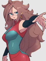 Rule 34 | 1girl, android 21, blue eyes, breasts, brown hair, checkered clothes, checkered dress, dragon ball, dragon ball fighterz, dress, earrings, glasses, grey background, hair between eyes, hoop earrings, jewelry, kemachiku, long hair, looking at viewer, medium breasts, simple background, solo