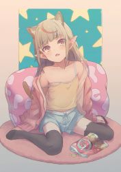 Rule 34 | 1girl, animal ears, bag of chips, bare shoulders, black thighhighs, blush, camisole, carpet, cat ears, chips (food), flat chest, food, full body, grey hair, head tilt, highres, jacket, long hair, looking at viewer, makaino ririmu, multicolored hair, nijisanji, no shoes, off shoulder, open clothes, open jacket, parted lips, pillow, pointy ears, potato chips, red eyes, red hair, sabamen, short shorts, shorts, sidelocks, sitting, sleeves past wrists, solo, star (symbol), strap slip, streaked hair, thighhighs, virtual youtuber, wariza