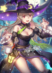 Rule 34 | 1girl, :d, anbe yoshirou, bare shoulders, black dress, black hat, breasts, cleavage, commentary request, corrin (female) (fire emblem), corrin (fire emblem), costume, crescent, crescent hat ornament, dress, earrings, female focus, fire emblem, fire emblem fates, fire emblem heroes, grey hair, hair between eyes, halloween, halloween costume, hat, hat ornament, highres, jewelry, juliet sleeves, lantern, large breasts, long hair, long sleeves, nail polish, nintendo, off-shoulder dress, off shoulder, official alternate costume, open mouth, outdoors, pointy ears, puffy sleeves, purple nails, red eyes, signature, smile, solo, star (symbol), thighs, very long hair, wide sleeves, witch hat