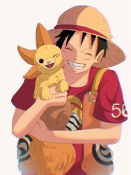 Rule 34 | 1boy, alternate form, black hair, clenched teeth, closed eyes, commentary request, facial scar, hat, highres, male focus, monkey d. luffy, one eye closed, one piece, one piece film: red, open mouth, scar, scar on cheek, scar on face, short hair, short sleeves, simple background, smile, solo, straw hat, suzu (suzuran piece), teeth, thousand sunny, white background