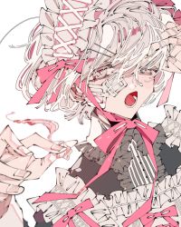 Rule 34 | 1boy, androgynous, apron, bandages, bandaid, crossdressing, dream 1522, ear piercing, highres, looking at viewer, maid, maid apron, maid headdress, male focus, open mouth, original, piercing, pink eyes, short hair, sketch, solo, trap, white background, white hair