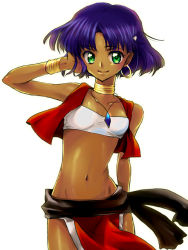 Rule 34 | 1girl, bandeau, bare shoulders, bob cut, bracelet, breasts, closed mouth, commentary request, dark skin, dark-skinned female, earrings, fushigi no umi no nadia, green eyes, hair ornament, hairclip, jewelry, kuonxkuon, loincloth, looking at viewer, midriff, nadia la arwall, neck ring, necklace, pelvic curtain, purple hair, short hair, simple background, smile, solo, strapless, tube top, vest, white background