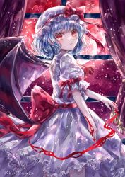 Rule 34 | 1girl, ascot, back bow, backless dress, backless outfit, bat wings, blood, blood on hands, blue hair, blush, bow, commentary request, dress, frilled shirt collar, frills, gem, green gemstone, hair between eyes, hat, highres, light blue hair, looking at viewer, mob cap, moon, night, painting (medium), pink dress, pointy ears, puffy short sleeves, puffy sleeves, red ascot, red bow, red eyes, red moon, remilia scarlet, short hair, short sleeves, slit pupils, solo, suzushina, touhou, traditional media, twitter username, window, wings, wrist cuffs