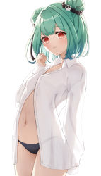 Rule 34 | 1girl, absurdres, black panties, blouse, collared shirt, commentary, cowboy shot, double bun, green hair, gya (144), hair bun, hair ornament, highres, hololive, hololive fantasy, long sleeves, looking at viewer, midriff, navel, open clothes, open shirt, panties, partially unbuttoned, red eyes, shirt, short hair, skull hair ornament, sleeves past fingers, sleeves past wrists, solo, standing, symbol-only commentary, underwear, uruha rushia, virtual youtuber, white shirt