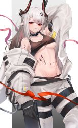 Rule 34 | 1girl, absurdres, arknights, arm up, bare shoulders, black choker, black gloves, breasts, choker, cleavage, commentary, cowboy shot, crop top, gloves, groin, highres, horns, infection monitor (arknights), kuki panda (wkdwnsgk13), long hair, long sleeves, looking at viewer, material growth, medium breasts, midriff, mudrock (arknights), mudrock (elite ii) (arknights), navel, off shoulder, oripathy lesion (arknights), parted lips, pointy ears, red eyes, silver hair, solo, sports bra, standing, stomach, underboob
