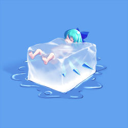 Rule 34 | 1girl, ao usagi, blue background, blue hair, cirno, completely nude, embodiment of scarlet devil, ice, ice cube, lowres, nude, simple background, solo, touhou, wings