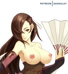 Rule 34 | 1girl, arm blade, arm guards, armpit peek, asymmetrical hair, braid, breasts, breasts out, brown eyes, brown hair, collarbone, corset, crown braid, dakkalot, fire emblem, fire emblem fates, folding fan, hair over one eye, hair ribbon, hand fan, highres, kagero (fire emblem), large breasts, lips, long hair, nintendo, nipples, patreon username, ribbon, simple background, smile, solo, upper body, weapon, white background