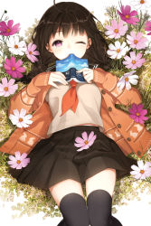 Rule 34 | 1girl, black hair, black skirt, black thighhighs, book, braid, cardigan, covering own mouth, flower, grass, highres, holding, holding book, knees together feet apart, long hair, long sleeves, looking at viewer, lying, on back, one eye closed, open book, open cardigan, open clothes, open mouth, original, pink eyes, pleated skirt, salt (salty), school uniform, serafuku, skirt, solo, sweater, thighhighs, twin braids, wink, zettai ryouiki