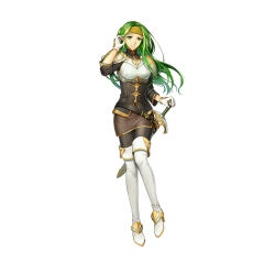 Rule 34 | 1girl, adjusting hair, armor, belt, boots, breastplate, breasts, dress, female focus, fire emblem, fire emblem: the sacred stones, fire emblem heroes, full body, gloves, green eyes, green hair, headband, high heel boots, high heels, long hair, looking at viewer, matching hair/eyes, medium breasts, nintendo, official art, orange headband, pantyhose, pencil dress, sheath, sheathed, smile, solo, standing, sword, syrene (fire emblem), thigh boots, weapon, white background, white footwear, white gloves