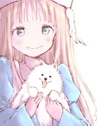 Rule 34 | 1girl, animal, backlighting, blue eyes, closed mouth, collarbone, dog, dot nose, fang, fluffy, hands up, hat, holding, holding animal, juliet sleeves, long hair, long sleeves, looking at viewer, original, pomeranian (dog), puffy sleeves, simple background, skin fang, smile, solo, tareme, upper body, white background, white dog, yoshinogai