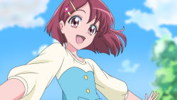 Rule 34 | 1girl, :d, anime coloring, blue sky, blurry, blurry background, brown eyes, brown hair, cloud, damascus (dearigazu2001), day, floating hair, flower, hair flower, hair ornament, hairclip, hanadera nodoka, healin&#039; good precure, highres, long sleeves, open mouth, outdoors, outstretched arms, precure, shirt, short hair, sky, smile, solo, upper body, white shirt