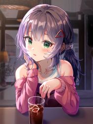Rule 34 | 1girl, bare shoulders, blush, commentary, cup, drink, drinking glass, english commentary, green eyes, hair between eyes, hair ornament, hairclip, hands up, highres, ice, ice cube, indoors, long hair, long sleeves, looking at viewer, low twintails, original, parted lips, purple hair, seero, solo, tank top, twintails, upper body, white tank top