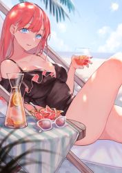 Rule 34 | 1girl, absurdres, aqua nails, asymmetrical clothes, bad id, bad pixiv id, bare shoulders, beach, black one-piece swimsuit, blue eyes, blue nails, blurry, blush, bowl, breasts, carafe, casual one-piece swimsuit, cleavage, collarbone, commentary request, cup, dappled sunlight, day, deck chair, depth of field, drink, eyelashes, unworn eyewear, fingernails, food, fruit, grapefruit, highres, holding, holding cup, leg up, lemon, lemon slice, lemonade, licking lips, long fingernails, long hair, looking at viewer, medium breasts, nail polish, ocean, one-piece swimsuit, original, outdoors, palm tree, pink-tinted eyewear, reclining, red hair, sidelocks, sitting, solo, spaghetti strap, sunglasses, sunlight, swimsuit, table, tablecloth, thighs, tinted eyewear, tongue, tongue out, tree, uni (melm)