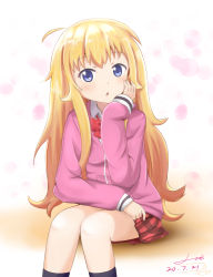Rule 34 | 1girl, :o, black socks, blonde hair, blue eyes, blush, chestnut mouth, collared shirt, commentary request, dated, gabriel dropout, gabriel tenma white, hand on own cheek, hand on own face, highres, long hair, long sleeves, looking at viewer, messy hair, open mouth, painter-lhb, pleated skirt, red neckwear, shirt, signature, sitting, skirt, socks, solo, very long hair, white shirt