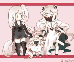 Rule 34 | &gt; &lt;, 10s, 3girls, :&gt;, abyssal ship, aircraft carrier oni, armor, armored boots, boots, breasts, chibi, cleavage, dress, closed eyes, holding hands, height difference, horns, kantai collection, kobone, long hair, midway princess, mittens, multiple girls, northern ocean princess, one side up, sailor dress, side ponytail, smile, thigh boots, thighhighs, very long hair, white hair, zettai ryouiki