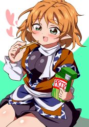 Rule 34 | 1girl, arm warmers, black shirt, black skirt, blonde hair, blush, box, breasts, brown shirt, bwell, commentary request, cowboy shot, food, green eyes, heart, highres, holding, holding box, holding food, large breasts, mizuhashi parsee, open mouth, pretzel stick, scarf, shirt, short hair, short sleeves, skin tight, skirt, smile, solo, tight clothes, tight shirt, touhou, undershirt, white scarf