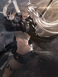 Rule 34 | 1girl, abs, animal ears, arknights, black jacket, black shorts, breasts, commentary, cowboy shot, crop top, dual wielding, dust, english commentary, female focus, fingerless gloves, floating hair, glint, gloves, hair between eyes, hair ornament, hairclip, highres, holding, holding sword, holding weapon, jacket, lappland (arknights), legs apart, long hair, looking at viewer, lownd, material growth, medium breasts, navel, open clothes, open jacket, open mouth, oripathy lesion (arknights), reverse grip, scar, scar across eye, scar on face, short shorts, shorts, silver hair, smile, solo, standing, stomach, sword, tail, teeth, upper teeth only, weapon, white gloves, wolf ears, wolf tail, yellow eyes