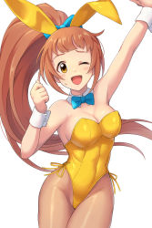 Rule 34 | 1girl, absurdres, animal ears, arukiru, blue bow, blue bowtie, bow, bowtie, breasts, brown eyes, brown hair, brown pantyhose, cleavage, detached collar, fake animal ears, highres, idolmaster, idolmaster cinderella girls, leotard, long hair, looking at viewer, medium breasts, one eye closed, pantyhose, playboy bunny, ponytail, rabbit ears, revision, simple background, smile, solo, strapless, strapless leotard, wakabayashi tomoka, white background, wrist cuffs, yellow leotard
