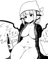 Rule 34 | 1girl, absurdres, alcohol, animal ears, bird ears, bird wings, blush, bottle, bottomless, breasts, closed mouth, collarbone, greyscale, groin, head scarf, highres, himajin noizu, holding, holding bottle, large breasts, looking at viewer, monochrome, mystia lorelei, navel, sake, short hair, simple background, smile, solo, touhou, wakamezake, white background, wings