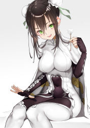 Rule 34 | 1girl, :d, absurdres, black hair, blush, bodysuit, breasts, brown bodysuit, brown gloves, brown hair, bun cover, chinese clothes, commentary request, covered navel, double bun, elbow gloves, fate/grand order, fate (series), fingerless gloves, gloves, gradient background, green eyes, grey background, hair between eyes, hair bun, head tilt, highres, lap pillow invitation, long hair, looking at viewer, medium breasts, mimikaki, nyatabe, open mouth, qin liangyu (fate), side bun, sidelocks, smile, solo, white background