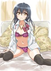 Rule 34 | 10s, 1girl, bed, bed sheet, black thighhighs, blue hair, blush, bra, closed mouth, collar, earrings, hair between eyes, heart, heart necklace, jewelry, long hair, long sleeves, looking at viewer, love live!, love live! school idol project, navel, necklace, no pants, on bed, open clothes, open shirt, otonokizaka school uniform, panties, pillow, pink bra, pink panties, red neckwear, school uniform, shirt, sitting, smile, solo, sonoda umi, striped neckwear, tetopetesone, thighhighs, underwear, wariza, white shirt, yellow eyes