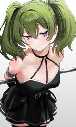 Rule 34 | 1girl, alternate hairstyle, arm strap, armpits, bare shoulders, belt, black belt, black choker, black dress, blush, breasts, choker, cleavage, collarbone, dot nose, dress, green hair, hair intakes, halterneck, highres, large breasts, leaning forward, looking at viewer, mage staff, o-ring, o-ring choker, pleated dress, purple eyes, short dress, simple background, smile, solo, sousou no frieren, staff, suspenders hanging, totoki86, twintails, ubel (sousou no frieren), white background