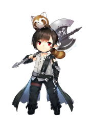 Rule 34 | 1boy, animal, animal on head, axe, boots, choker, closed mouth, elbow gloves, final fantasy, final fantasy xiv, fingerless gloves, full body, gloves, lalafell, legs apart, looking to the side, male focus, on head, pointy ears, red eyes, red panda, saru, sleeveless, solo, standing, thigh boots, thighhighs, warrior (final fantasy), white background