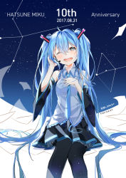 Rule 34 | 1girl, aqua eyes, aqua hair, bad id, bad pixiv id, black thighhighs, blush, crying, crying with eyes open, dated, detached sleeves, hand on own chest, hatsune miku, headset, highres, long hair, looking at viewer, necktie, one eye closed, open mouth, popuru, skirt, sleeveless, solo, tears, thighhighs, twintails, vocaloid