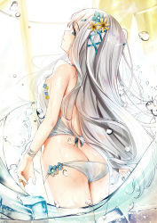 Rule 34 | 1girl, bare arms, bare shoulders, bikini, blue eyes, blue flower, breasts, butt crack, closed mouth, commentary request, flower, from behind, grey hair, hair flower, hair ornament, highres, long hair, looking at viewer, looking back, original, see-through, small breasts, smile, solo, swimsuit, two side up, very long hair, water, white bikini, yan (nicknikg), yellow flower