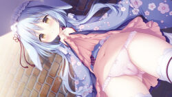 Rule 34 | 1girl, against wall, amairo chocolata, animal ears, blue hair, bow, bow panties, brick wall, brown eyes, cameltoe, cleft of venus, dutch angle, floral print, game cg, headdress, lace, lace-trimmed panties, lace trim, lifted by self, light blue hair, long hair, long sleeves, momose kaguya, navel, non-web source, official art, panties, photoshop (medium), rabbit ears, shiratama (shiratamaco), shy, sidelocks, solo, standing, thighhighs, underwear, white panties