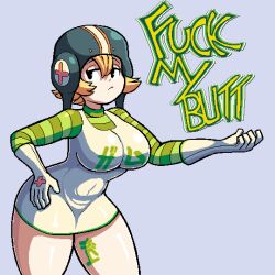 Rule 34 | 1girl, 2018, black eyes, blonde hair, body writing, breasts, curvy, dress, english text, female focus, gloves, grey background, gum (jsr), helmet, jet set radio, large breasts, long sleeves, looking away, looking to the side, navel, profanity, sega, short hair, simple background, solo, solo focus, striped, tagme, thick thighs, thighs, tight clothes, valmar, white gloves