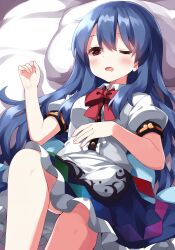 1girl blue_hair blue_skirt blush bow bowtie buttons center_frills collared_shirt commentary_request drooling feet_out_of_frame frilled_skirt frills hair_between_eyes head_on_pillow highres hinanawi_tenshi knee_up long_hair lying mouth_drool no_headwear on_back one_eye_closed open_mouth pillow puffy_short_sleeves puffy_sleeves red_bow red_bowtie red_eyes ruu_(tksymkw) shirt short_sleeves skirt solo touhou waking_up white_shirt