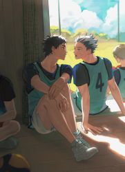 Rule 34 | 2boys, akaashi keiji, black hair, blue sky, bokuto koutarou, cloud, cloudy sky, crossed arms, haikyuu!!, hands on floor, highres, looking at another, miko (15476997), multicolored hair, multiple boys, open mouth, sitting, sky, sportswear, volleyball net, volleyball uniform, white footwear, wooden floor