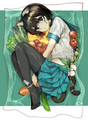 Rule 34 | 1girl, absurdres, animal ear fluff, animal ears, asparagus, asphyxiation, between legs, black hair, black pantyhose, blue eyes, blue sailor collar, blue skirt, blush, bound, bound ankles, bound wrists, cable tie, carrot, cat ears, cat girl, cat tail, commentary, corpse, crying, crying with eyes open, cucumber, death, drooling, empty eyes, food, full body, green background, highres, iuui, looking at viewer, midriff, no shoes, object insertion, original, pantyhose, pleated skirt, pussy juice, restrained, sailor collar, school uniform, serafuku, shirt, short hair, skirt, solo, symbol-only commentary, tail, tears, tomato, two-tone background, vacuum bed, variant set, vegetable, white background, white shirt