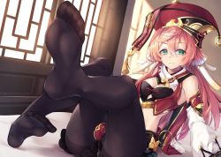 Rule 34 | 1girl, antlers, black shorts, breasts, cleavage, closed mouth, detached sleeves, feet, foot focus, foreshortening, frilled shorts, frills, genshin impact, green eyes, hair between eyes, hat, highres, horns, legs up, looking at viewer, low twintails, no shoes, pantyhose, pink hair, red hat, shorts, sitting, small breasts, smile, soles, solo, toes, twintails, yanfei (genshin impact), yuki kawachi