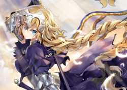 Rule 34 | 1girl, arm at side, arm up, armor, armored dress, black bow, blue eyes, blurry, bow, braid, breastplate, breasts, capelet, chain, closed mouth, cloud, cloudy sky, depth of field, dress, eyelashes, fate/apocrypha, fate (series), feathers, flag, floating hair, from side, gauntlets, gorget, hair bow, headphones, holding, jeanne d&#039;arc (fate), jeanne d&#039;arc (ruler) (fate), kakao rantan, light particles, long hair, looking at viewer, medium breasts, outdoors, purple dress, single braid, sky, solo, sunlight, upper body, very long hair